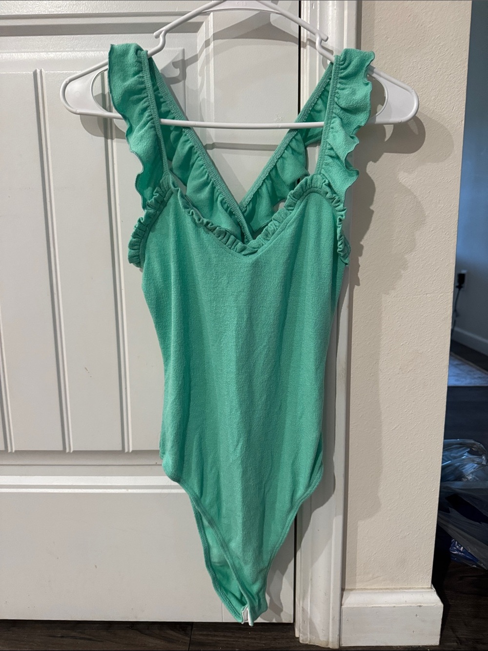 Ruffled V-Neck Bodysuit in Mint Green